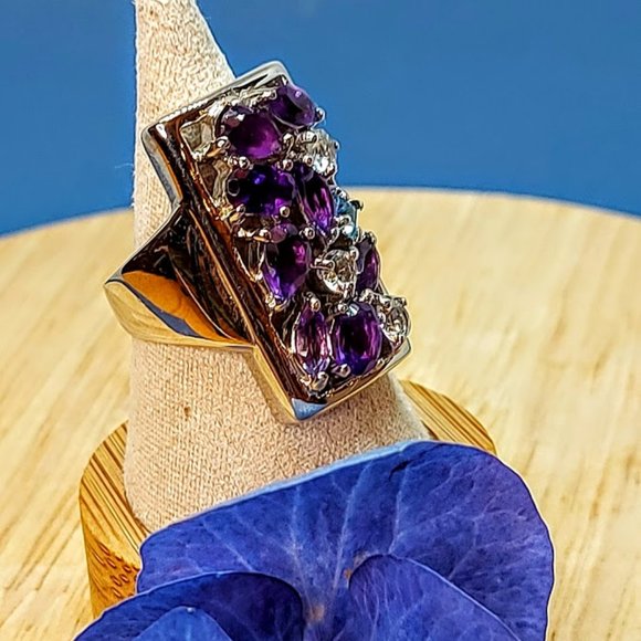Natural Amethyst,  Aquamarine & Swiss Blue Topaz 925 Sterling Silver Ring 7.5 - Picture 6 of 12